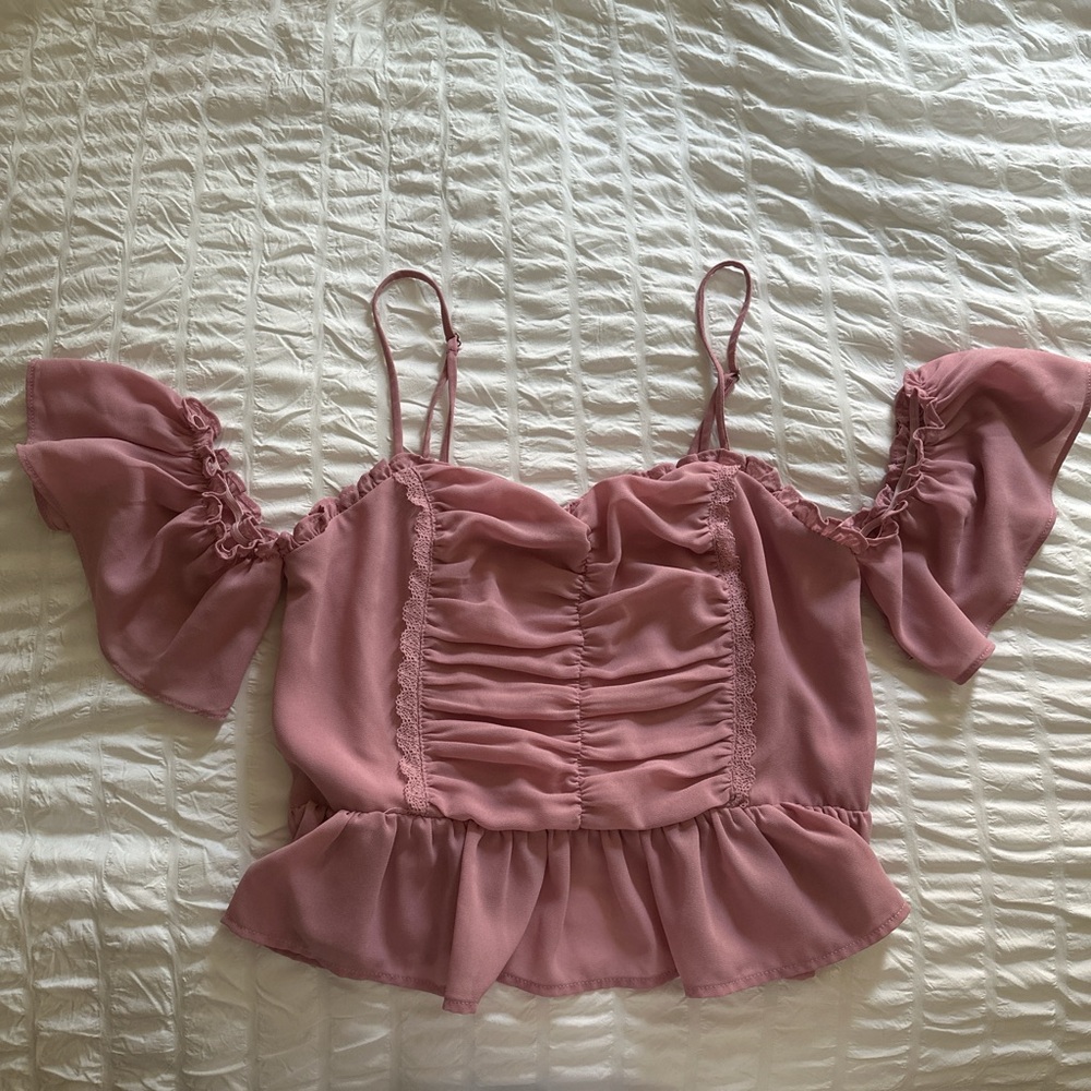 Pink Puff Sleeve Ruched Crop Blouse